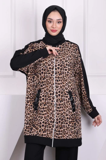 Siyah Payetli Leopar Modal Tunik Pantolonlu