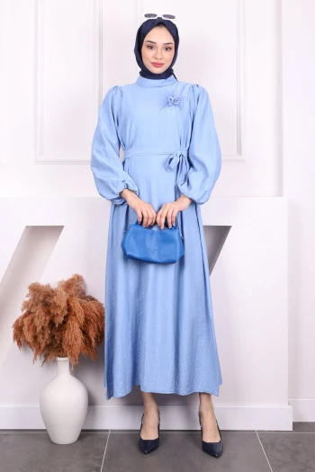 Bebe Mavi Balon Kol Kuşaklı Elbise