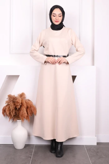 Bej Bel Kemerli Scuba Elbise