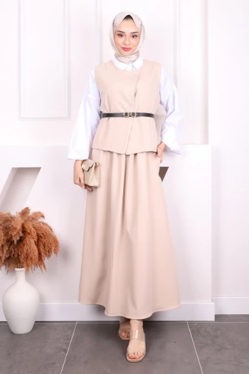 Bej Bel Kemerli Yelek Etekli Takım