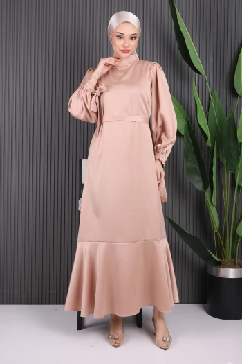 Bej Taş Detaylı Eteği Volanlı Saten Elbise