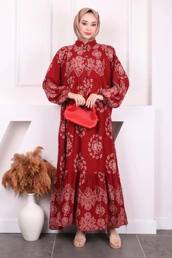 Bordo Desenli Yarım Düğmeli Viscon Elbise