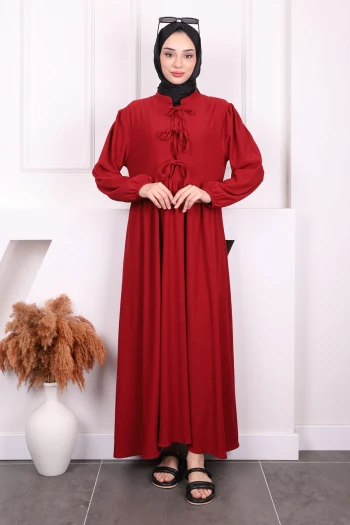 Bordo Kol Lastikli Yaka Bağlamalı Bürümcük Elbise
