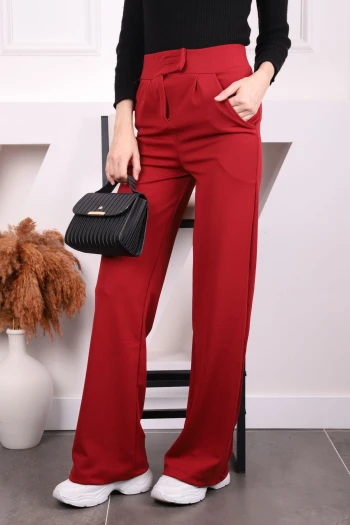 Bordo Yüksek Bel Beli Cırt Cırtlı Palozzo Pantolon