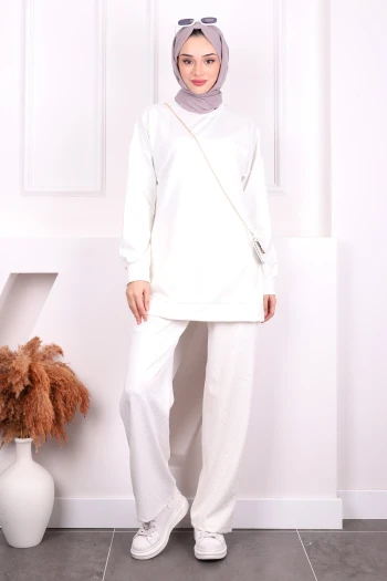 Ekru Sim Detaylı Tunik Pantolonlu Oys Takım