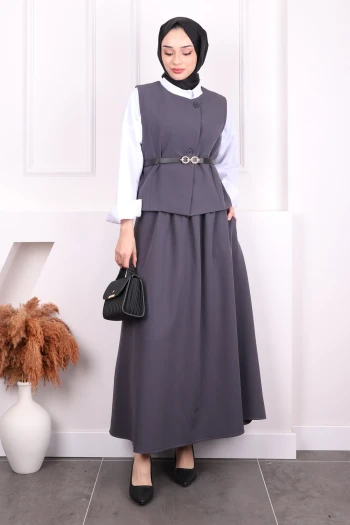 Füme Bel Kemerli Yelek Etekli Takım