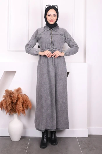 Füme Ön Fermuarlı Bel Büzgülü Kot Elbise