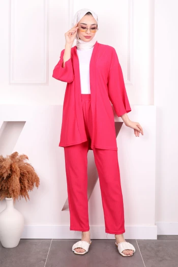 Fuşya Bürümcük Kimono Pantolon Takım
