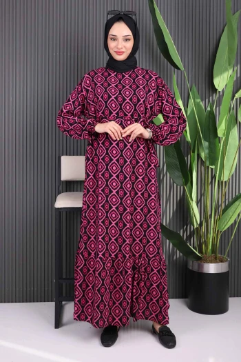 Fuşya Desenli Eteği Katlı Viscon Elbise