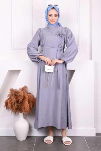 Gri Balon Kol Kuşaklı Elbise