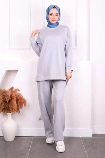 Gri Sim Detaylı Tunik Pantolonlu Oys Takım