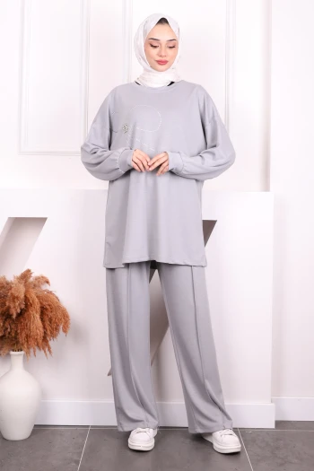 Gri Taş İşlemeli Modal Tunik Pantolonlu Takım
