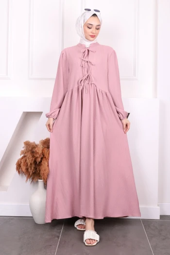 Gül Kurusu Kol Lastikli Yaka Bağlamalı Bürümcük Elbise