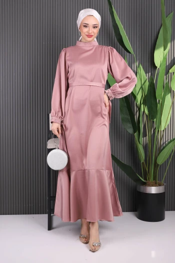 Gül Kurusu Taş Detaylı Eteği Volanlı Saten Elbise