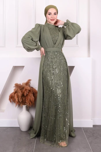Haki Boncuklu Şifon Abiye