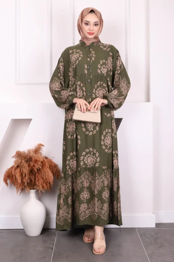 Haki Desenli Yarım Düğmeli Viscon Elbise