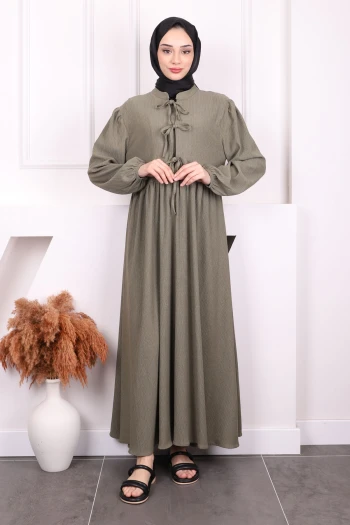 Haki Kol Lastikli Yaka Bağlamalı Bürümcük Elbise