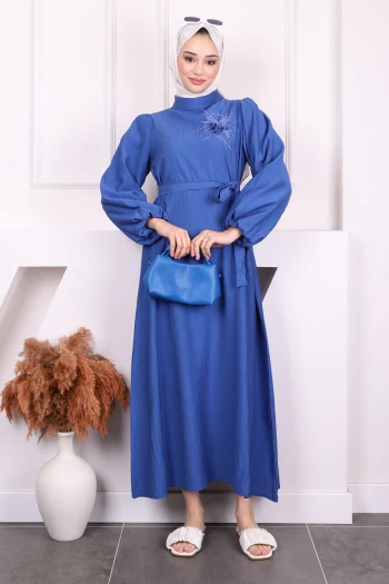 İndigo Balon Kol Kuşaklı Elbise