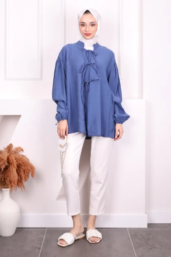 İndigo Ön Bağlamalı Kimono