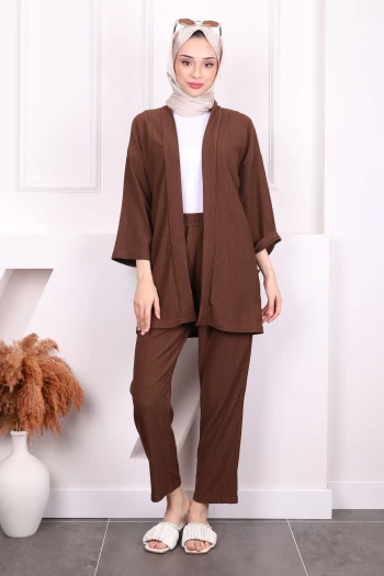 Kahverengi Bürümcük Kimono Pantolon Takım