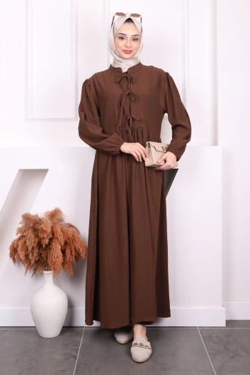Kahverengi Kol Lastikli Yaka Bağlamalı Bürümcük Elbise