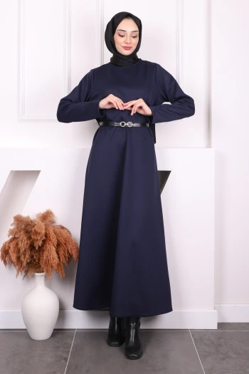 Lacivert Bel Kemerli Scuba Elbise