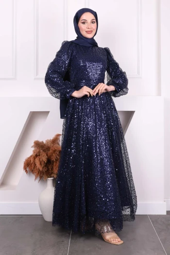 Lacivert Boncuklu Payetli Abiye