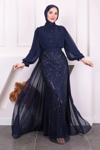 Lacivert Boncuklu Şifon Abiye