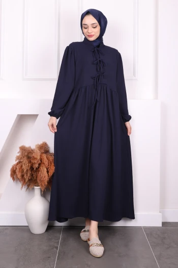 Lacivert Kol Lastikli Yaka Bağlamalı Bürümcük Elbise