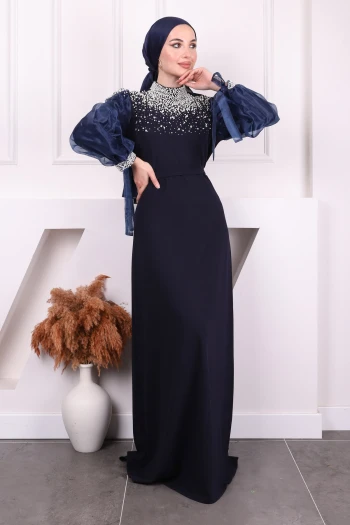Lacivert Kolları Tül Boncuklu Abiye