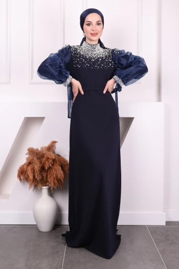 Lacivert Kolları Tül Boncuklu Abiye
