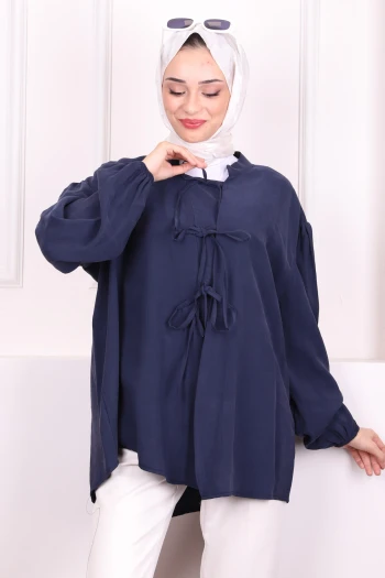 Lacivert Ön Bağlamalı Kimono