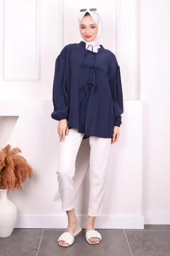 Lacivert Ön Bağlamalı Kimono