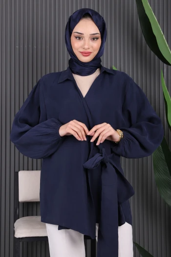 Lacivert Yan Bağlamalı Kimono