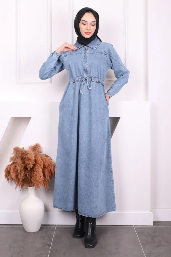 Mavi Ön Fermuarlı Bel Büzgülü Kot Elbise