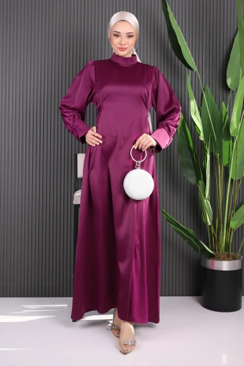 Mor Kol Düğmeli Beli Kuşaklı Saten Elbise