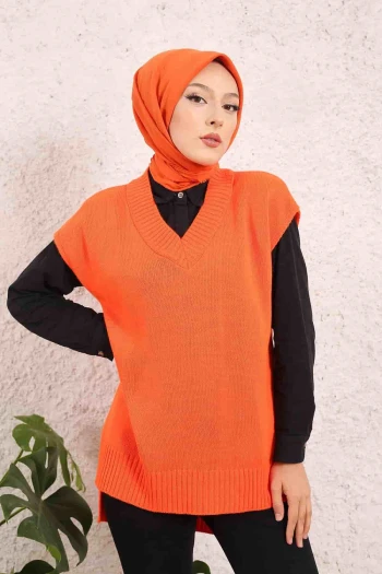 Orange V Yaka Yırtmaçlı Tesettür Triko Süveter