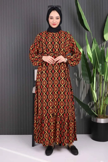 Oranj Desenli Eteği Katlı Viscon Elbise