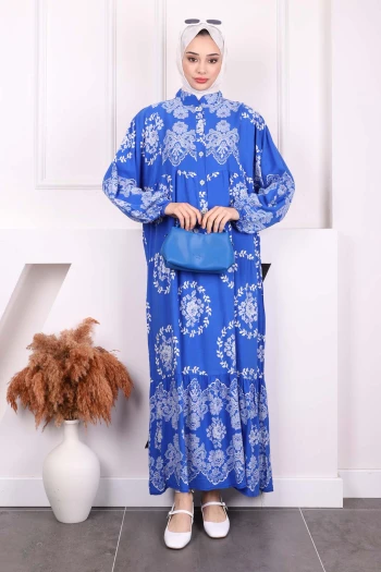 Saks Mavi Desenli Yarım Düğmeli Viscon Elbise