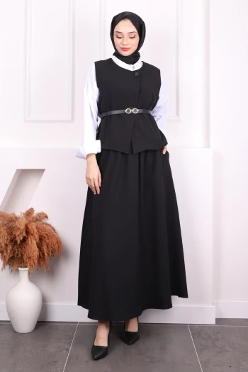 Siyah Bel Kemerli Yelek Etekli Takım