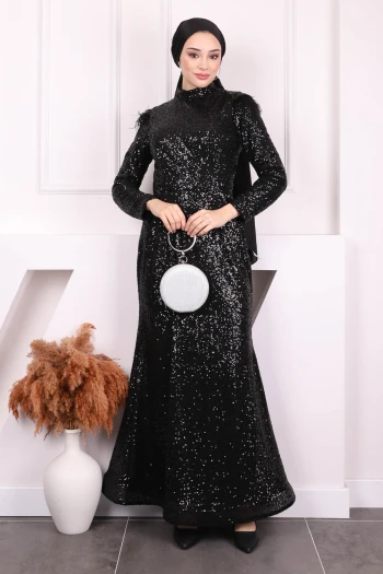 Siyah Bel Kuşaklı Payetli Abiye