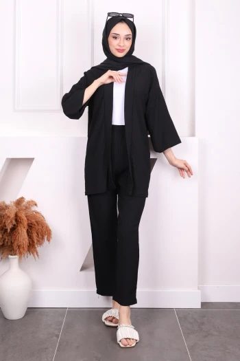 Siyah Bürümcük Kimono Pantolon Takım