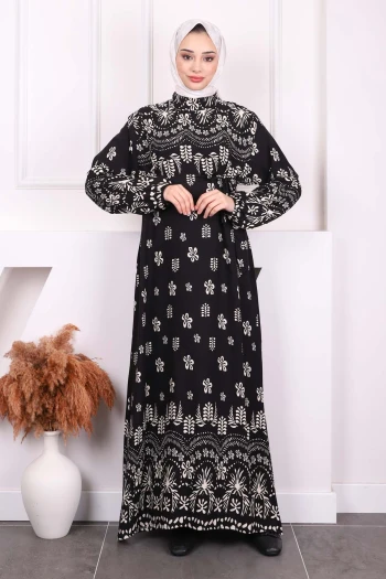 Siyah Desenli Eteği Katlı Viscon Elbise