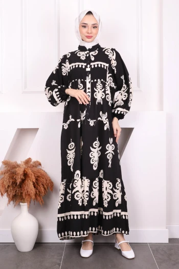 Siyah Desenli Yarım Düğmeli Viscon Elbise