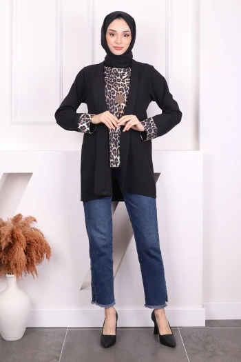 Siyah İçlik Kolye Ceket Üçlü Kombin Takım