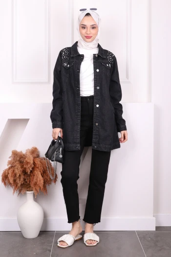 Siyah İnci İşlemeli Kot Ceket