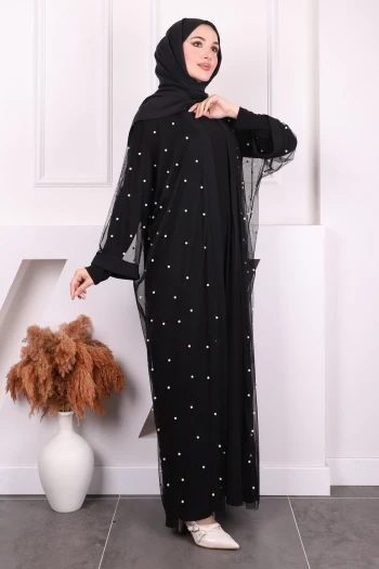 Siyah İncili Abaya Takım