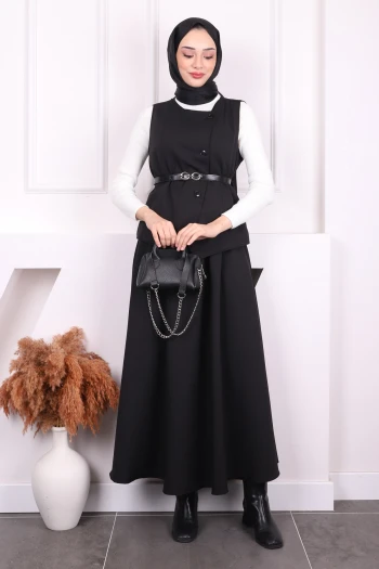 Siyah Kloş Etekli Yelek Takım