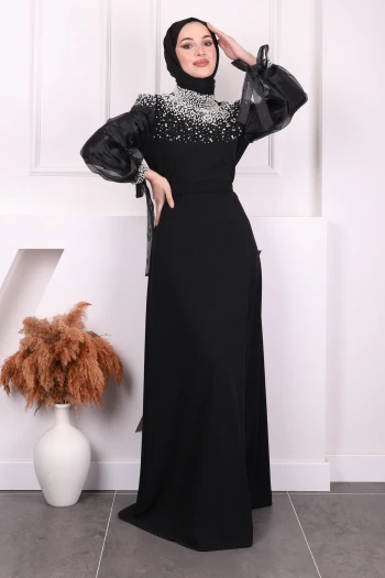 Siyah Kolları Tül Boncuklu Abiye
