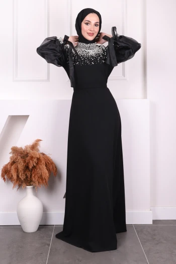 Siyah Kolları Tül Boncuklu Abiye